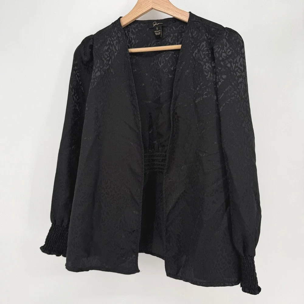 Japna Open Front Cardigan Women S Black Leopard Jacquard Smocked Puff Sleeve